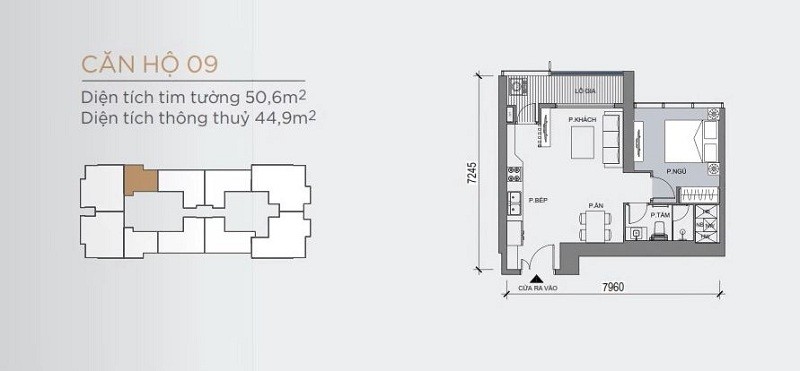 Mặt bằng điển hình mẫu căn hộ 1  phòng ngủ One Central SaiGon