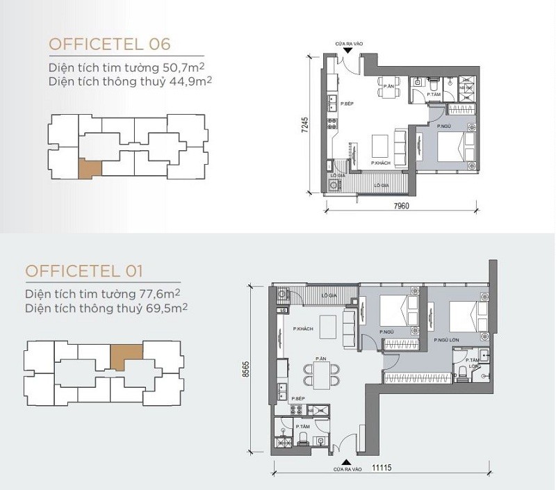 Mặt bằng điển hình mẫu căn hộ Officetel 1 phòng ngủ và 2 phòng ngủ One Central SaiGon